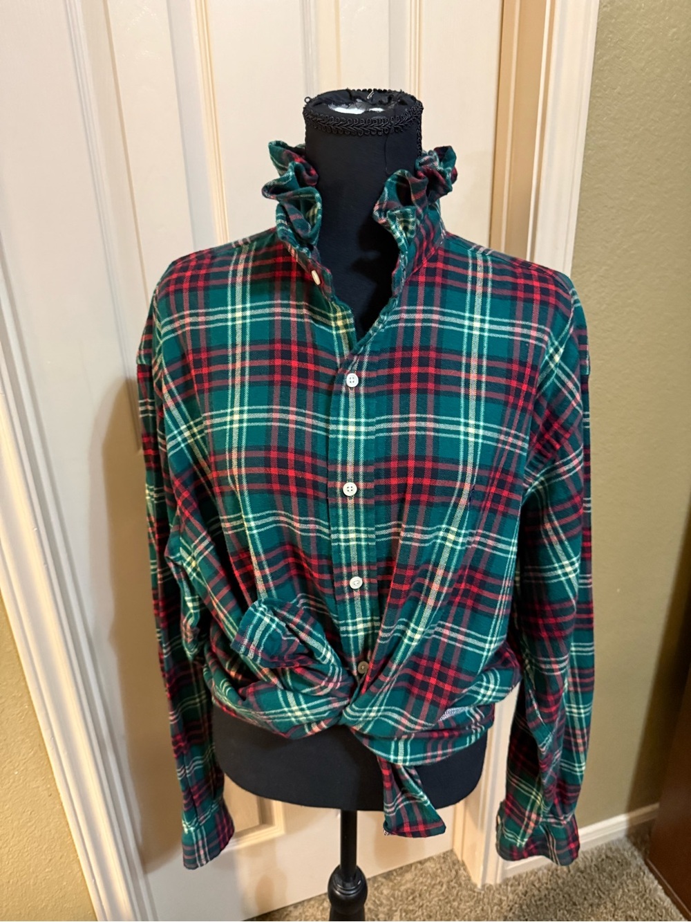 Ralph Lauren Green and Red Plaid Ruffle Collar Button-Down